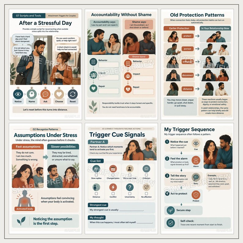 May include: A set of six educational worksheets for couples titled After a Stressful Day, Accountability Without Shame, Old Protection Patterns, Assumptions Under Stress, Trigger Cue Signals, and My Trigger Sequence, featuring illustrations and text.