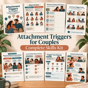 May include: A collection of eight educational worksheets titled Attachment Triggers for Couples Complete Skills Kit. The pages feature illustrations of couples, checklists, and fillable sections for communication exercises and emotional regulation.