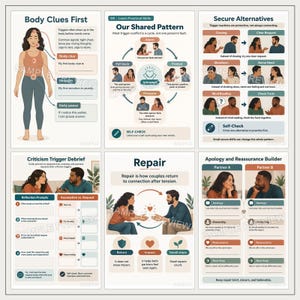May include: A set of six educational posters for relationship therapy, featuring illustrations of couples, diagrams of emotional cycles, and text prompts for communication, repair, and self-reflection, all labeled with the watermark text SAMPLE PREVIEW.
