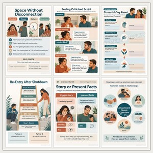 May include: A set of six educational posters for couples featuring illustrations and text about relationship communication, including titles like Space Without Disconnection, Feeling Criticized Script, Stressful-Day Reset, Re-Entry After Shutdown, Story or Present Facts, and Attachment Needs Overview.