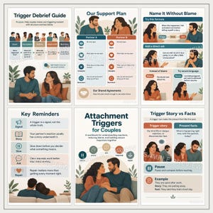 May include: A six-panel educational workbook titled Attachment Triggers for Couples, featuring illustrations of couples and text guides on managing emotional triggers, support plans, communication formulas, and key reminders for relationship health.