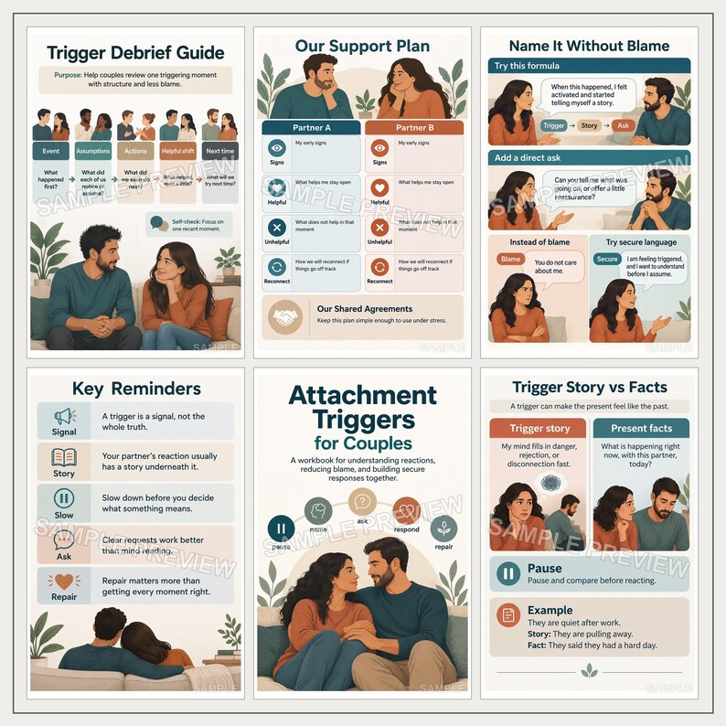 May include: A six-panel educational workbook titled Attachment Triggers for Couples, featuring illustrations of couples and text guides on managing emotional triggers, support plans, communication formulas, and key reminders for relationship health.