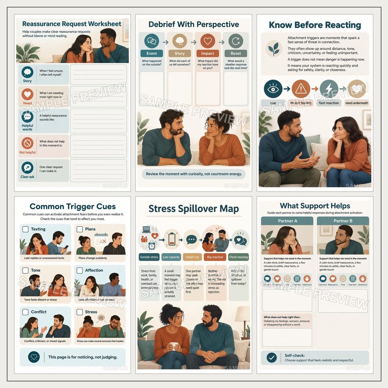 May include: A six-page educational worksheet set titled Reassurance Request Worksheet, Debrief With Perspective, Know Before Reacting, Common Trigger Cues, Stress Spillover Map, and What Support Helps, featuring illustrations of couples.
