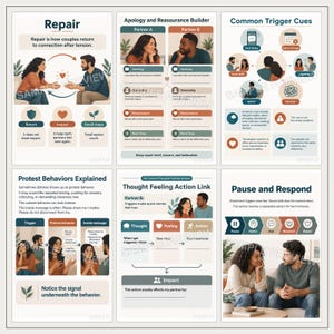 May include: A set of six educational posters for couples therapy, featuring illustrations of partners, text headers like Repair, Apology and Reassurance Builder, Common Trigger Cues, Protest Behaviors Explained, Thought Feeling Action Link, and Pause and Respond.