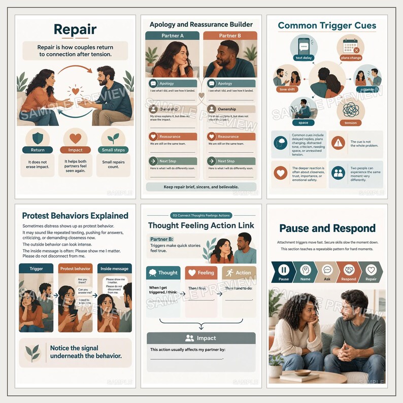 May include: A set of six educational posters for couples therapy, featuring illustrations of partners, text headers like Repair, Apology and Reassurance Builder, Common Trigger Cues, Protest Behaviors Explained, Thought Feeling Action Link, and Pause and Respond.