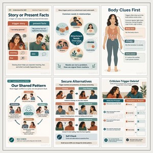 May include: A set of six educational posters for couples featuring illustrations and text about attachment theory, including sections on trigger stories, relationship needs, body clues, shared patterns, secure alternatives, and criticism debriefs.