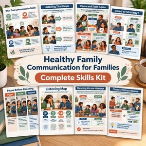 May include: A Healthy Family Communication for Families Complete Skills Kit featuring eight educational posters with illustrations and text guides on topics like listening, pausing, and conflict resolution for improved family interactions.