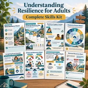 Cuaderno de ejercicios de resiliencia para adultos, kit completo de habilidades, hojas de trabajo sobre fortalezas, habilidades de afrontamiento y desarrollo de la resiliencia.