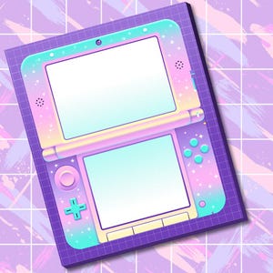 May include: A handheld gaming console featuring a dual-screen design with a pastel gradient finish in shades of pink, blue, and yellow. The device includes a directional pad, circular joystick, and four action buttons, all set against a grid background.