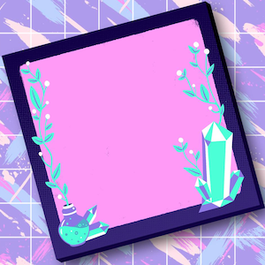 May include: A square frame with a solid pink centre and a dark blue border. The frame is decorated with light blue leafy vines, small white circular accents, and light blue crystal clusters positioned at the bottom left and bottom right corners.