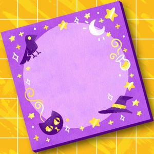 May include: A square purple notepad featuring a central circular area for writing. The border is decorated with yellow illustrations of a black cat, a raven, a witch hat, a potion bottle, a crescent moon, and various stars on a grid background.