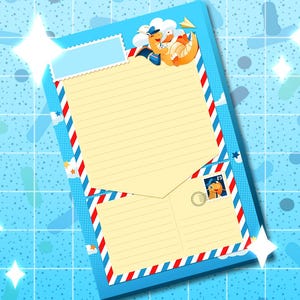 May include: A rectangular stationery sheet featuring a light blue border with a grid pattern. The center contains two cream-colored lined sections framed by red and blue diagonal stripes. An orange dragon illustration appears at the top right corner.