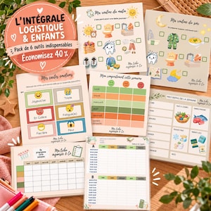 Puede incluir: Un conjunto de seis planificadores y tablas de papel impresas para niños, que incluyen rutinas diarias, planificación de comidas, tarjetas de emociones y horarios semanales con ilustraciones coloridas, casillas de verificación y etiquetas en francés.