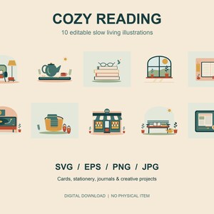 Op de afbeelding: Een set van 10 digitale illustraties getiteld COZY READING, 10 editable slow living illustrations. De afbeeldingen bevatten een stoel, theepot, boeken met bril, raam, dagboek, platenspeler, mand, winkel, bankje en tablet. SVG, EPS, PNG, JPG.