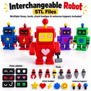May include: Five colorful, blocky toy robots in blue, red, purple, and green, with interchangeable parts. Text reads: Interchangeable Robot STL Files. Multiple faces, tools, chest badges & antenna toppers included. Includes various face plates, tools, chest badges, and antenna toppers.