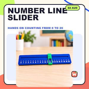 May include: A blue number line slider with white markings from 0 to 20 and a movable green plastic slider piece featuring a star icon. The text reads NUMBER LINE SLIDER and HANDS ON COUNTING FROM 0 TO 20.