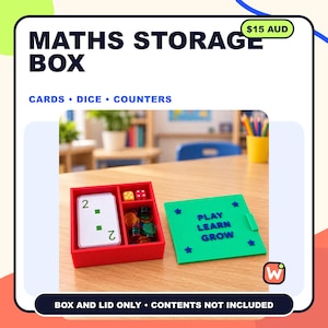 May include: A red rectangular storage box with three internal compartments and a green lid. The lid features the blue text PLAY LEARN GROW and four small blue star icons. The box is shown with cards, dice, and counters inside.