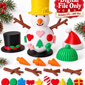 May include: A 3D printed snowman figure with a yellow top hat, orange carrot nose, and various interchangeable accessories including a black top hat, red and white Santa hat, green beanie, brown stick arms, and colorful decorative shapes.