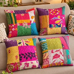 Handmade Kantha Quilted Patchwork Cushion Cover Set Of 4 Pcs Sofa Home Decor Pillow Cases
