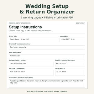 May include: A digital wedding setup and return organizer document featuring seven fillable and printable pages. The page displays setup instructions with fields for event details, assigned helpers, box IDs, and specific placement directions.