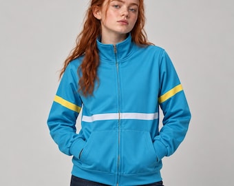 Retro Color Block Zip-Up Track Jacket for Kids, Sky Blue with Yellow Stripes