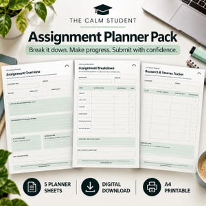 Peut inclure: Un pack de planificateur de devoirs numérique comprenant trois feuilles A4 blanches intitulées Assignment Overview, Assignment Breakdown et Research & Sources Tracker. Les pages présentent des accents vert sauge, des champs de texte et des cases à cocher.