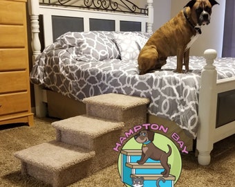 pet steps for bed, pet steps for cats, 18"H X 17"W X 38"D, for pets 5-120 Lbs, beautiful plush neutral tan carpet, custom built to last