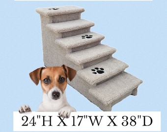 May include: Beige pet stairs with four steps and black paw prints on each step. The stairs are 24 inches high, 17 inches wide, and 38 inches deep. A small dog is peeking over the top of the stairs.