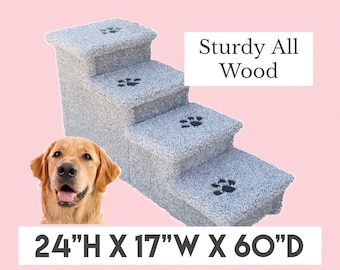 May include: A three-step pet staircase made of sturdy wood with a gray fabric covering. The steps have paw prints on them. The staircase is 24 inches high, 17 inches wide, and 60 inches deep.  The text "Sturdy All Wood" is written in white on a black rectangle. A golden retriever dog is sitting to the left of the staircase.