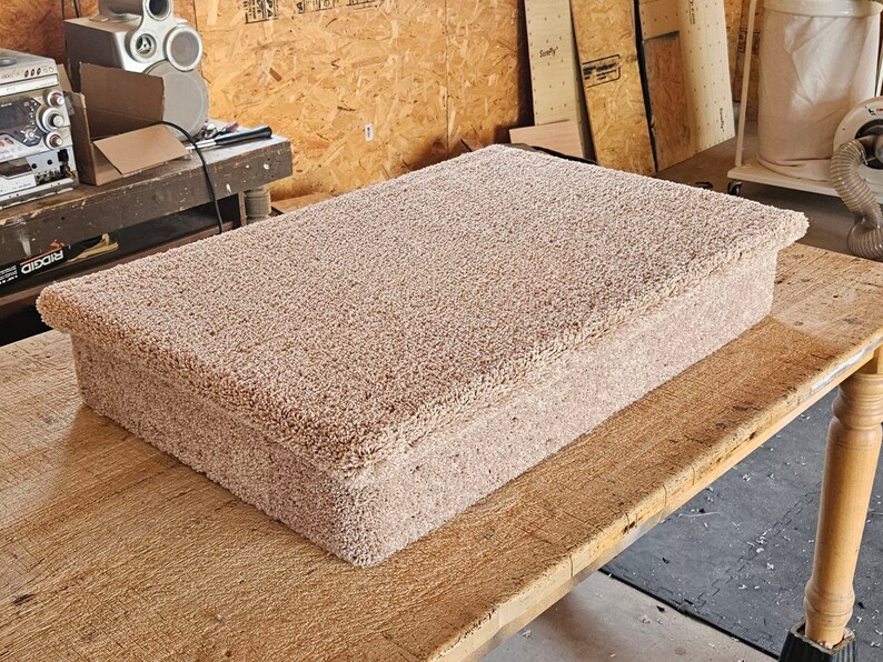 Puede incluir: Una plataforma rectangular cubierta con un material de alfombra beige grueso y texturizado. El objeto presenta una superficie superior plana con bordes ligeramente sobresalientes y una base s&oacute;lida en forma de caja de tono neutro.