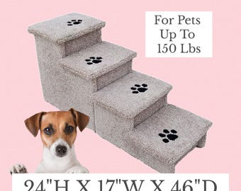 Dog Stairs for Large Dogs 24”H x 17”W x 46”D, Pet Steps up to 150 lbs, Custom Handmade with Neutral Carpet, Sturdy Stairs for Tall Beds