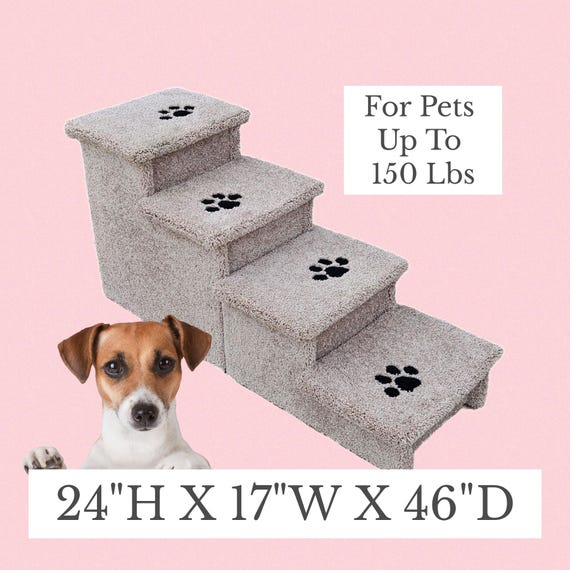 Dog Stairs for Large Dogs 24”H x 17”W x 46”D, Pet Steps up to 150 lbs, Custom Handmade with Neutral Carpet, Sturdy Stairs for Tall Beds