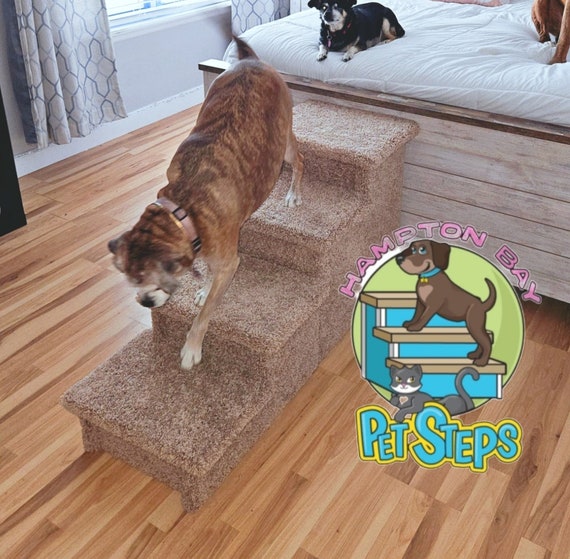 dog steps for beds, dog stairs for bed, 24"H x 17"W x 48"d, for pets 5-150 Lbs, beautiful plush neutral tan or gray carpet, custom built USA