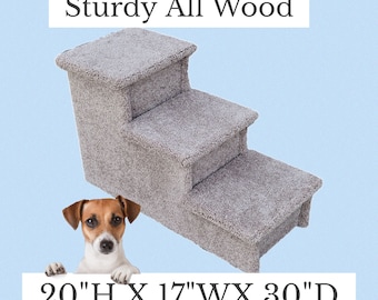 May include: A three-step pet staircase made of sturdy wood with a gray carpet covering. The staircase measures 20" high x 17" wide x 30" deep. A small dog is peeking over the top of the staircase.