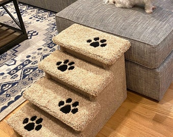 Pet Steps, 18"H x 17"W x 24"d, Dog Stairs, Custom handmade in the USA, great for pets 2-20 Lbs, plush neutral tan or neutral gray carpet