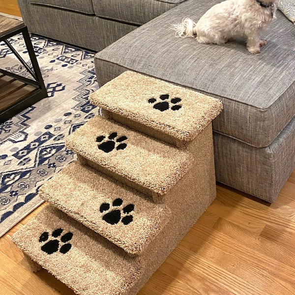 Pet Steps, 18"H x 17"W x 24"d, Dog Stairs, Custom handmade in the USA, great for pets 2-20 Lbs, plush neutral tan or neutral gray carpet