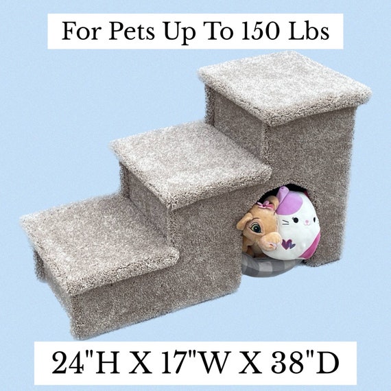 Pet Steps For beds, Dog Stairs,, 24"H X 17"W X 38"D, with custom cubby, great for pets 5-150 Lbs, beautiful plush tan or gray carpet
