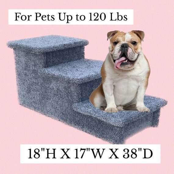 pet steps for bed, pet steps for cats, 18"H x 17"W x 38"D, beautiful plush neutral gray carpet, custom built to last, Hampton Bay Pet steps