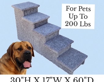 pet steps for tall bed, Dog Stairs, 30"H X 17"W X 60"D, sturdy extra tall & deep, beautiful plush tan or gray carpet, custom built to last