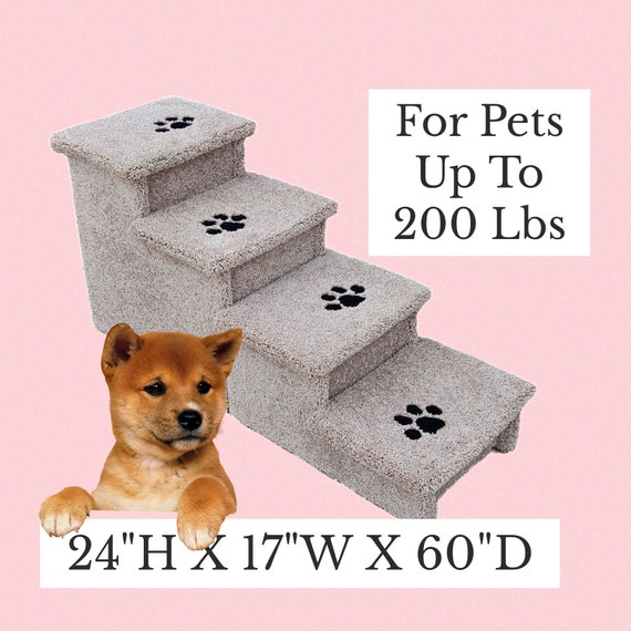 pet steps for bed, pet steps for cat, 24"H x 17"W x 60"D, extra wide & deep, beautiful plush tan carpet, sturdy built to last