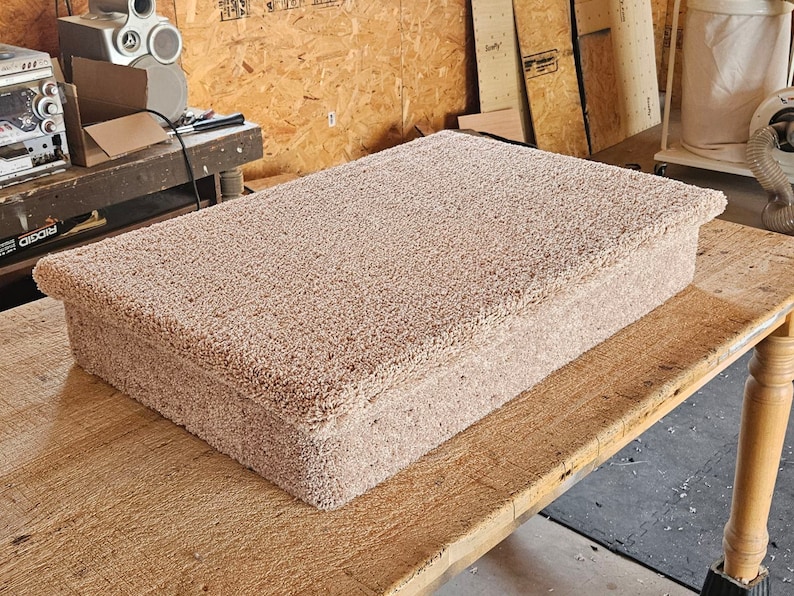 Puede incluir: Una plataforma rectangular cubierta con un material de alfombra beige grueso y texturizado. El objeto presenta una superficie superior plana con bordes ligeramente sobresalientes y una base s&oacute;lida en forma de caja de tono neutro.