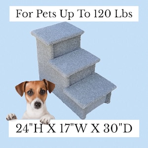Dog Stairs, pet steps for cat, 24"H X 17"W X 30"D, great for pets 5-120 Lbs, beautiful plush neutral tan or gray carpet, built to last