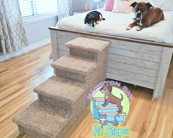 Dog Stairs, pet steps for bed, great for tall beds & big or small dogs, 24"H x 17"W x48"D, beautiful plush neutral tan or gray carpet