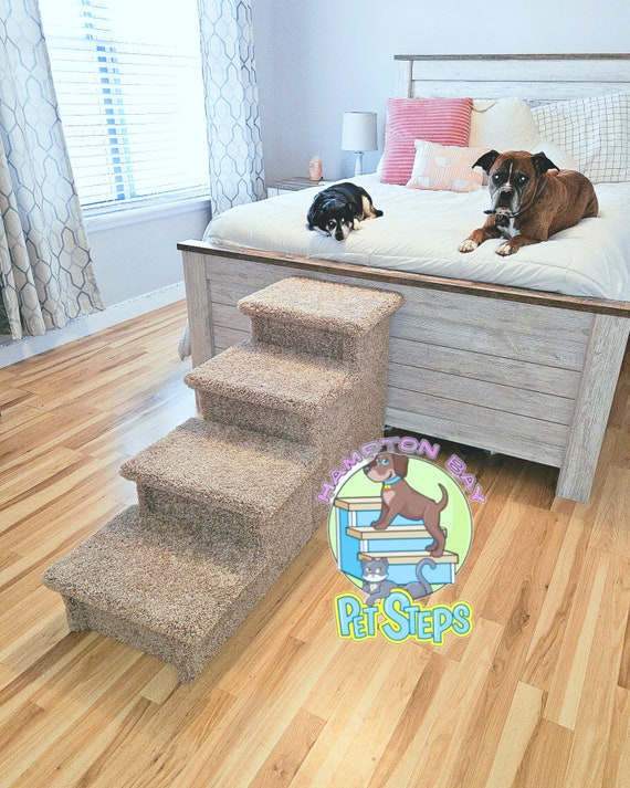 Dog Stairs, pet steps for bed, great for tall beds & big or small dogs, 24"H x 17"W x48"D, beautiful plush neutral tan or gray carpet