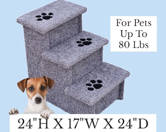 pet steps for bed, Dog Stairs, 24"H x 17"W X 24"D, for pets 5-80 Lbs, beautiful plush neutral tan or gray carpet, custom built to last
