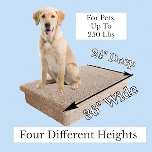 May include: A beige dog bed with a brown, textured surface. The bed is 36 inches wide and 24 inches deep. A golden retriever dog is sitting on the bed. The text "For Pets Up To 250 Lbs" is in the upper right corner of the image. The text "Four Different Heights" is at the bottom of the image.
