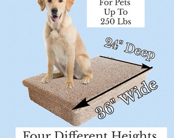 single dog stair, great for big & small dogs, choose from 4 different heights, beautiful plush neutral tan or gray carpet, custom built USA