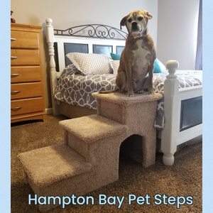 Pet steps with cubby, Dog Stairs, pet steps for bed, 24"H x 17"W x 38"D, for pets 5-150 Lbs, beautiful plush carpet, sturdy custom built
