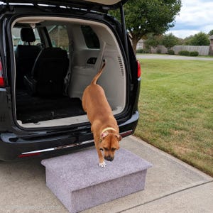Puede incluir: Un escal&oacute;n rectangular para mascotas cubierto de alfombra gris claro colocado sobre un camino de entrada de hormig&oacute;n. El escal&oacute;n est&aacute; situado detr&aacute;s del maletero abierto de un monovolumen negro para ayudar a un perro marr&oacute;n.
