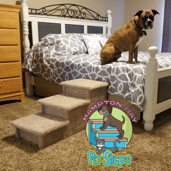 pet steps for bed, pet steps for cats, 18"H X 17"W X 38"D, for pets 5-120 Lbs, beautiful plush neutral tan carpet, custom built to last